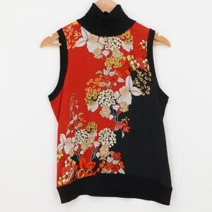 Elie Tahari Silk Mock Neck Sleeveless‎ Top Party Office Black Red Floral Size XS
